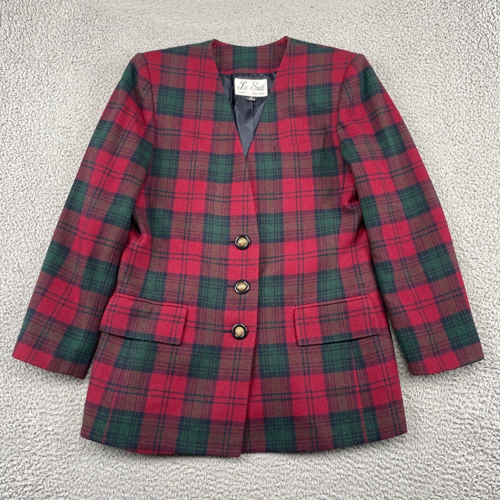 Le Suit Blazer Womens 10 Red Plaid Collarless Wool Blend Shoulder Pads Lined